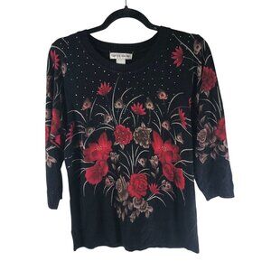 Rebecca Malone Embellished Floral Sweater Rhinestones Lightweight Black Red L